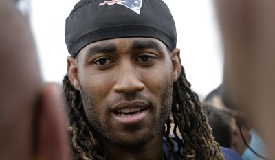 New England Patriots cornerback Stephon Gilmore speaks with reporters at NFL football training camp, Thursday, July 27, 2017, in Foxborough, Mass. (AP Photo/Steven Senne)