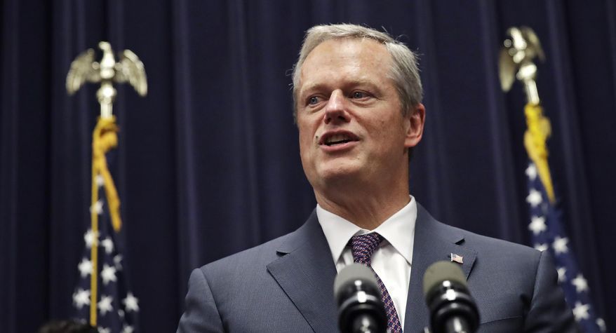 Mass. Gov. Charlie Baker addresses a gathering after signing into law the Pregnant Workers Fairness Act during a ceremony at the Statehouse, Thursday, July 27, 2017, in Boston. (AP Photo/Charles Krupa) ** FILE **