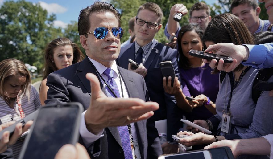 FILE - In this July 25, 2017 file photo, White House communications director Anthony Scaramucci speaks to members of the media at the White House in Washington. Scaramucci went after chief of staff Reince Priebus Thursday, July 27, 2017, as a suspected &amp;quot;leaker&amp;quot; within the West Wing in a pull-no-punches interview that laid bare the personality clashes and internal turmoil of Donald Trump&#39;s presidency.  (AP Photo/Pablo Martinez Monsivais, File)