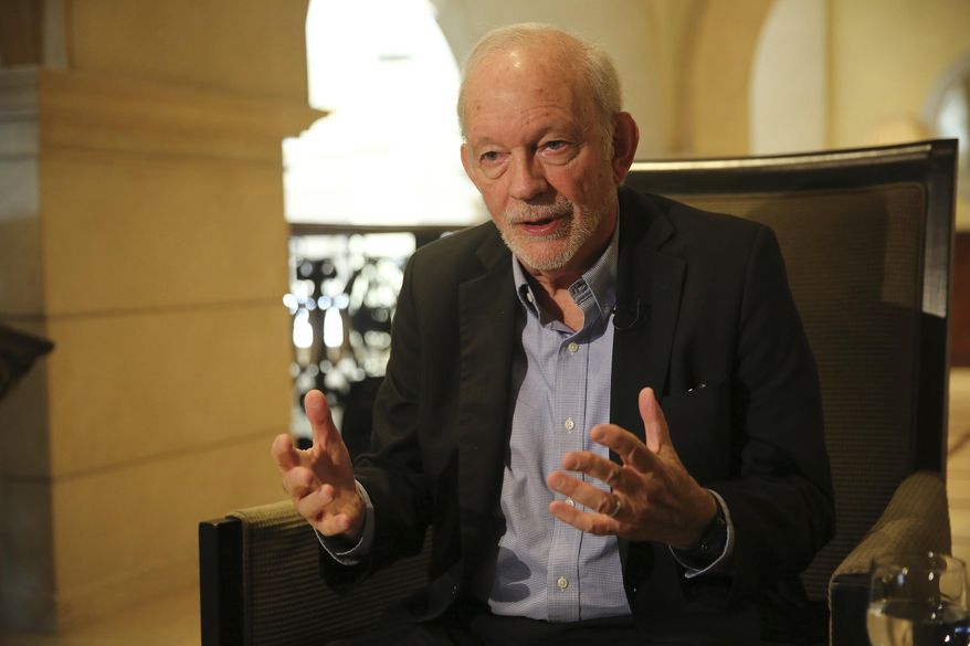 Anthony Lake, executive director of UNICEF, speaks during an interview in Amman, Jordan on Thursday, July, 27, 2017 about his recent tour of war-torn Yemen. He said a global effort to try to slow the spread of cholera in Yemen is "a race between us, and the rains and the continuing destruction and the fighting." (AP Photo/Sam McNeil)