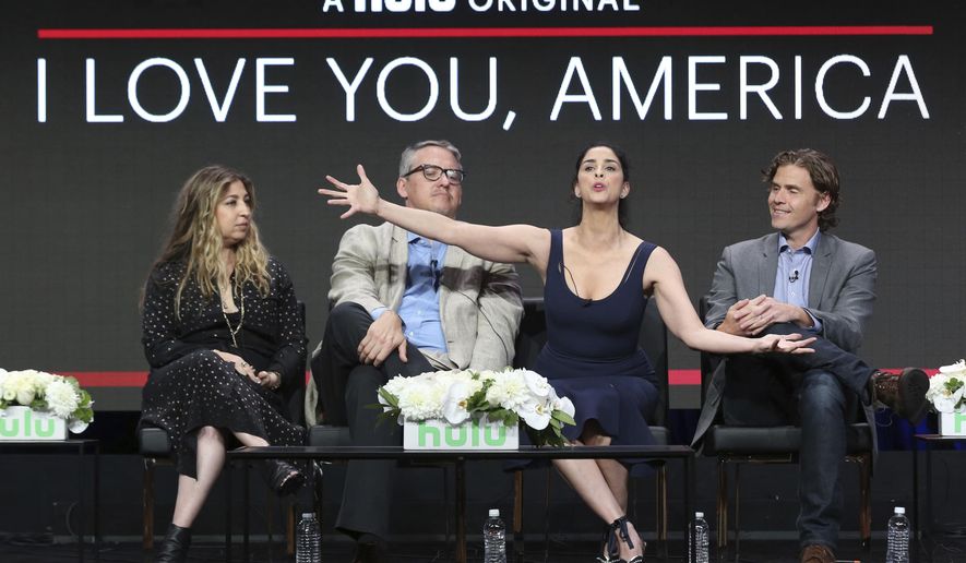 Executive producers Amy Zvi, from left, and Adam McKay, star/executive producer Sarah Silverman and executive producer/showrunner Gavin Purcell participate in the &amp;quot;I Love You, America&amp;quot; panel during the Hulu Television Critics Association Summer Press Tour at the Beverly Hilton on Thursday, July 27, 2017, in Beverly Hills, Calif. (Photo by Willy Sanjuan/Invision/AP)
