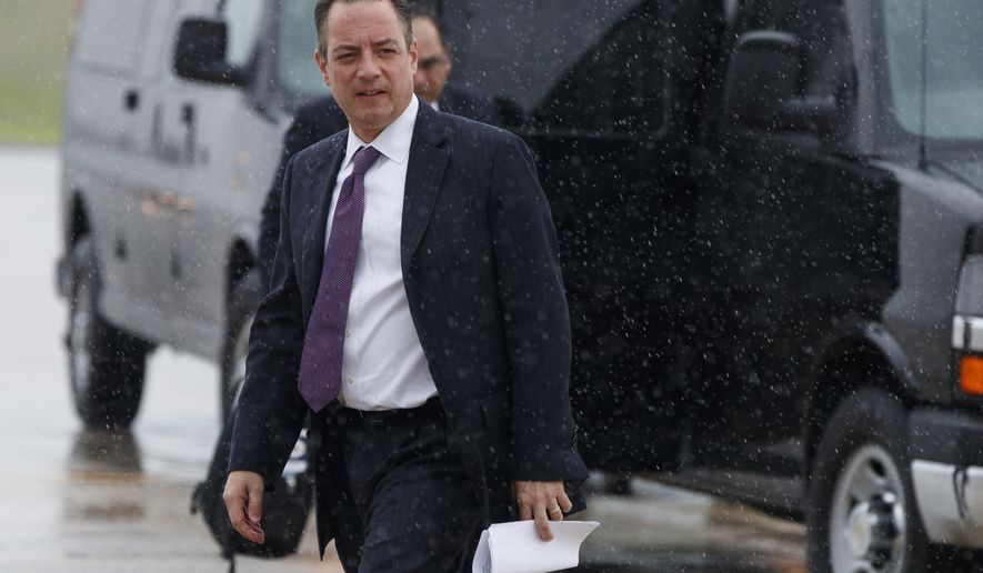 White House Chief of Staff Reince Priebus walks to boards Air Force One at Andrews Air Force Base, Md., Friday, July 28, 2017, to travel with President Donald Trump to Brentwood, N.Y. for a speech to law enforcement officials on the gang MS-13.  (AP Photo/Evan Vucci)