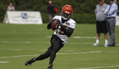 Cincinnati Bengals wide receiver John Ross (15) runs a play as Bengals owner Mike Brown, second from right, watches from the sidelines during an NFL football training camp, Friday, July 28, 2017, in Cincinnati. (AP Photo/John Minchillo)