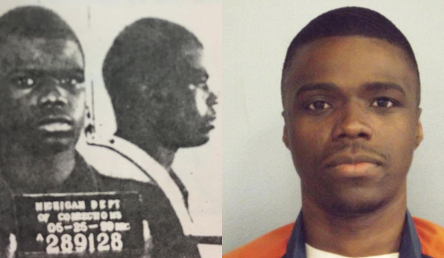 ADVANCE FOR USE MONDAY, JULY 31, 2017 AND THEREAFTER-This combination of photos made available by the Michigan Department of Corrections shows a younger Ahmad Rashad Williams and in April 2014. Williams' mother, a crack addict, died when he was 10. His grandmother, who raised him in Grand Rapids, Mich., died soon after. By the time Williams shot and killed Derek Pimpleton in a dispute over marijuana, he was smoking it every day and regularly skipping school. Both boys were 15. (MDOC via AP)