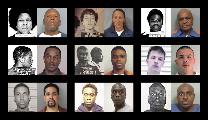 ADVANCE FOR USE MONDAY, JULY 31, 2017 AND THEREAFTER-This combination of photos shows shows younger and older photos of "juvenile lifers," top row from left, William Washington, Jennifer M. Pruitt and John Sam Hall; middle row from left, Damion Lavoial Todd, Ahmad Rashad Williams and Evan Miller; bottom row from left, Giovanni Reid, Johnny Antoine Beck, and Bobby Hines. During the late 1980 and into the 1990s, many states enacted laws to punish juvenile criminals like adults and the U.S. became an international outlier, sentencing offenders under 18 to live out their lives in prison for homicide and, sometimes, rape, kidnapping, armed robbery. (Michigan Department of Corrections, Pennsylvania Department of Corrections, Lawrence County Alabama Sheriff's Office, Alabama Department of Corrections via AP)