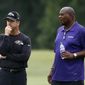 Baltimore Ravens head coach John Harbaugh, left, and general manager and executive vice president Ozzie Newsome watch an NFL football training camp practice in Owings Mills, Md., Friday, July 28, 2017. (AP Photo/Patrick Semansky)