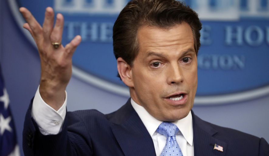 In this July 21, 2017, file photo, White House communications director Anthony Scaramucci gestures as he answers a question during a press briefing in the Brady Press Briefing room of the White House in Washington. Scaramucci offered newsroom leaders a test on Thursday. They needed to decide whether to fully use the obscenities relied on by Scaramucci to describe fellow White House aides or talk around them. (AP Photo/Pablo Martinez Monsivais, File)