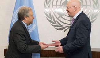 Russia&#39;s new ambassador to the United Nations Vassily Alekseevich Nebenzia, right, presents his credentials to U.N. Secretary General Antonio Guterres, at United Nations headquarters, Friday, July 28, 2017. (Eskinder Debebe/United Nations via AP)