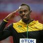 FILE - In this Aug. 12, 2013, file photo, Jamaica&#x27;s Usain Bolt gestures on the podium before receiving his gold medal for the men&#x27;s 100-meter at the World Athletics Championships in Moscow, Russia. The man who reshaped the record book and saved his sport along the way is saying goodbye. His runs through the 100 meters and Jamaica&#x27;s 4x100 relay at next week&#x27;s world championships are expected to produce golds yet again, along with leaving people to wonder who could possibly take his place. (AP Photo/Alexander Zemlianichenko, File)