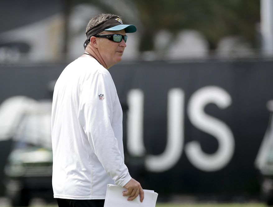 Jacksonville Jaguars head coach Doug Marrone watches players practice during NFL football training camp, Friday, July 28, 2017, in Jacksonville, Fla. (AP Photo/John Raoux)