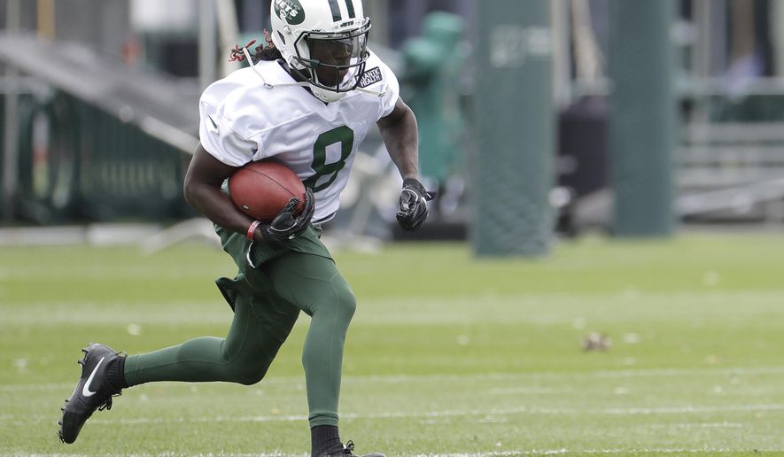 New York Jets wide receiver Lucky Whitehead runs with the ball during NFL football training camp during NFL football training camp, Saturday, July 29, 2017, in Florham Park, N.J. (AP Photo/Julio Cortez)