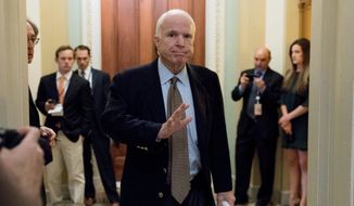 Sen. John McCain, Arizona Republican, sent shock waves through the Senate early Friday, July 28, 2017, when he cast the deciding vote rejecting his party&#39;s effort to repeal and replace the Democrat-crafted Affordable Care Act. (Associated Press)