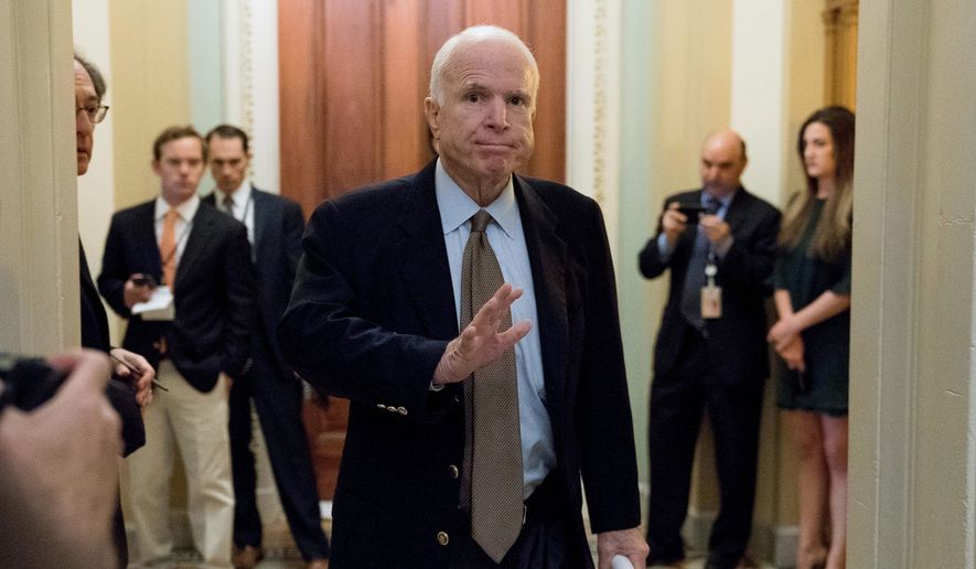 Sen. John McCain, Arizona Republican, sent shock waves through the Senate early Friday, July 28, 2017, when he cast the deciding vote rejecting his party&#x27;s effort to repeal and replace the Democrat-crafted Affordable Care Act. (Associated Press)
