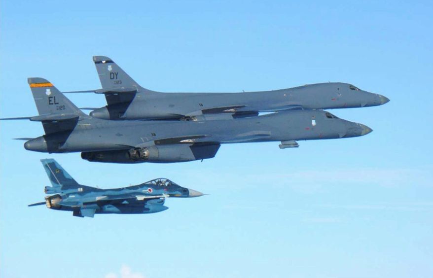 U.S. supersonic bombers flown from the Anderson Air Force Base in Guam conducted a joint exercise with the South Korean air force over the Korean Peninsula on Sunday. (Associated Press)