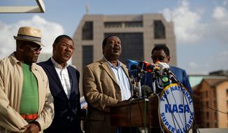 Officials from the opposition National Super Alliance, from left to right, Johnson Muthama, Moses Wetangula, Musalia Mudavadi, and James Orengo, give their reaction to the media regarding the torture and death of an electoral commission official, in Nairobi, Kenya Monday, July 31, 2017. Christopher Msando, an information technology official crucial to running Kenya&#39;s presidential election next week, has been found tortured and killed, the electoral commission chairman said Monday, as concerns grew that the East African nation&#39;s vote again would face dangerous unrest. (AP Photo/Ben Curtis)