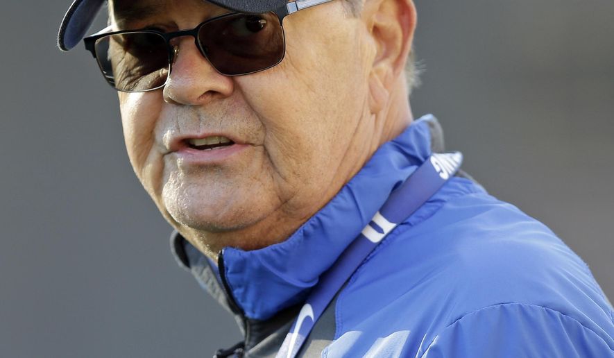 Duke coach David Cutcliffe watches during the team's first NCAA college football practice of the season in Durham, N.C., Monday, July 31, 2017. (AP Photo/Gerry Broome)