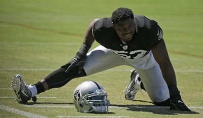 Oakland Raiders defensive end Khalil Mack stretches during an NFL football training camp, Monday, July 31, 2017, in Napa, Calif. (AP Photo/Eric Risberg)