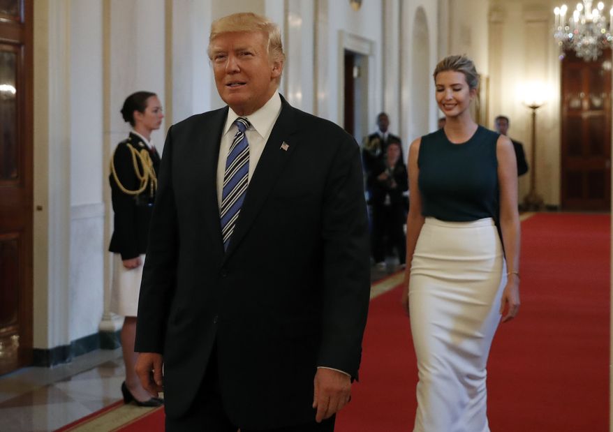 President Donald Trump, followed by his daughter Ivanka Trump, walks to the East Room of the White House in Washington, Tuesday, Aug. 1, 2017, to speak with small business owners as part of "American Dream Week." (AP Photo/Alex Brandon)