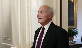 White House Chief of Staff John Kelly stands in the East Room of the White House in Washington, Tuesday, Aug. 1, 2017, before President Donald Trump arrived to speak with small business owners as part of &quot;American Dream Week.&quot; (AP Photo/Alex Brandon)