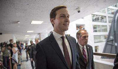 White House senior adviser Jared Kushner arrives on Capitol Hill in Washington to meet behind closed doors before the Senate Intelligence Committee, in this July 24, 2017, file photo. Kushner son-in-law told a group of congressional interns that the Trump campaign couldn’t have colluded with Russia because the team was too dysfunctional and disorganized to coordinate with a foreign government.(AP Photo/J. Scott Applewhite, File)