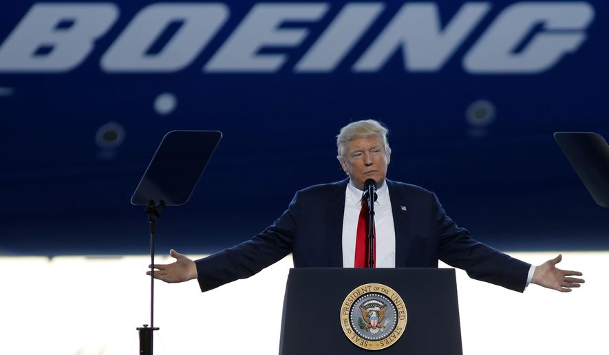 In this Feb. 17, 2017, file photo, President Donald Trump to speaks to Boeing employees in the final assembly building at Boeing South Carolina in North Charleston, S.C. (AP Photo/Mic Smith, File)