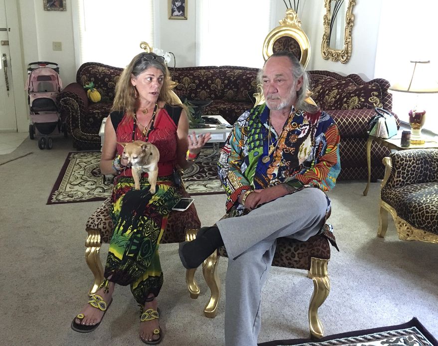 Heidi and Charles Edward Lepp sit in their Sacramento, Calif., home Tuesday, Aug. 1, 2017, discussing a shooting at the cannabis farm affiliated with their Rastafarian church in Dobbins, Calif., earlier in the day. Heidi Lepp received a call Tuesday morning that a worker at the Northern California farm was pulling up plants and was armed, prompting her to call the Yuba County Sheriff's Department. (AP Photo/Kathleen Ronayne)