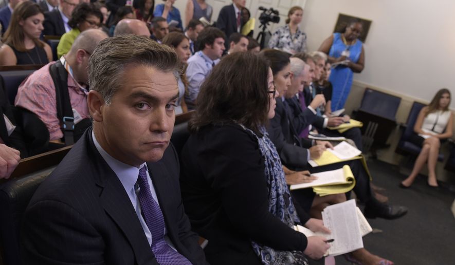 Jim Acosta of CNN listens during the daily briefing at the White House in Washington, on Wednesday, Aug. 2, 2017. (AP Photo/Susan Walsh) ** FILE **