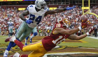 FILE - In this Sept. 18, 2016, file photo, Dallas Cowboys cornerback Morris Claiborne (24) breaks up a pass in the end zone intended for Washington Redskins wide receiver Josh Doctson (18) during the second half of an NFL football game in Landover, Md. After five seasons in Dallas, Claiborne is getting a fresh start with the New York Jets and focused on staying healthy and being a No. 1 cornerback for his new team. (AP Photo/Alex Brandon, File)
