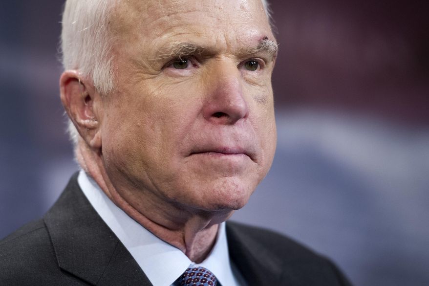Sen. John McCain, Arizona Republican, speaks to reporters on Capitol Hill in Washington on July 27, 2017. (Associated Press) **FILE**