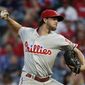 Philadelphia Phillies starting pitcher Aaron Nola throws to a Los Angeles Angels batter during the first inning of a baseball game, Tuesday, Aug. 1, 2017, in Anaheim, Calif. (AP Photo/Jae C. Hong)