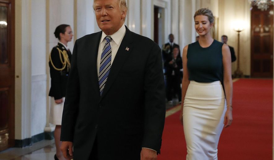 President Donald Trump, followed by his daughter Ivanka Trump, walks to the East Room of the White House in Washington, Tuesday, Aug. 1, 2017, to speak with small business owners as part of &amp;quot;American Dream Week.&amp;quot;  (AP Photo/Alex Brandon)