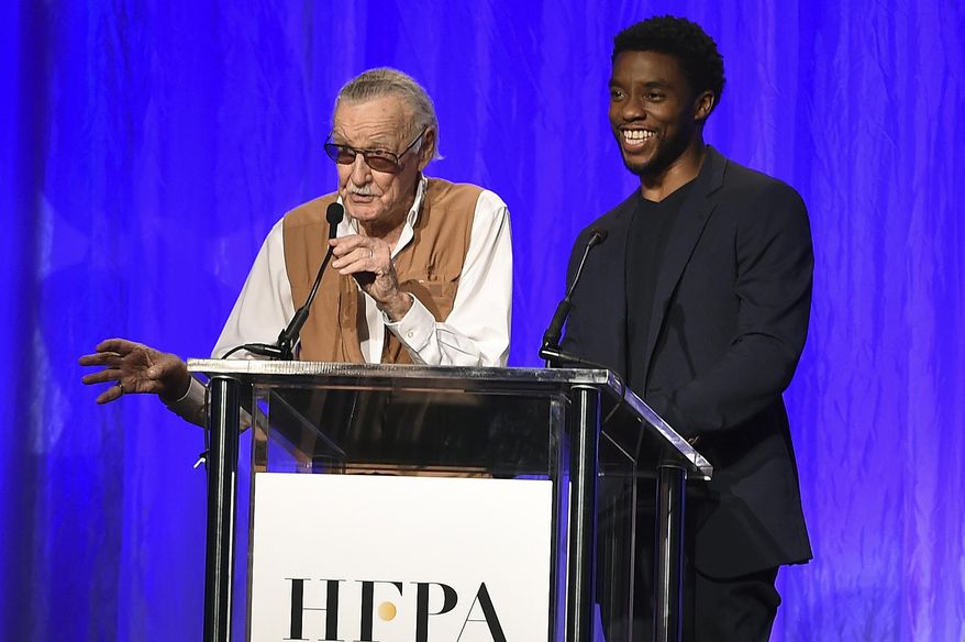 Stan Lee and Chadwick Boseman speak at the Hollywood Foreign Press Association Grants Banquet at the Beverly Wilshire Hotel on Wednesday, Aug. 2, 2017, in Beverly Hills, Calif. (Photo by Jordan Strauss/Invision/AP)