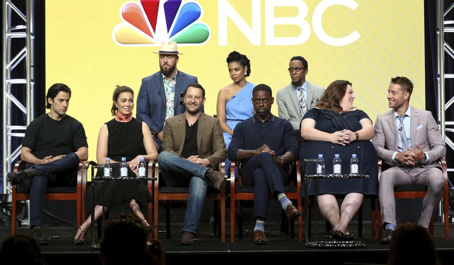 Milo Ventimiglia, from left, Mandy Moore, Chris Sullivan, Dan Fogelman, susan Kelechi Watson, Sterling K. Brown, Ron Cephas Jones, Chrissy Metz and Justin Hartley participate in the &amp;quot;This Is Us&amp;quot; panel during the NBC Television Critics Association Summer Press Tour at The Beverly Hilton on Thursday, Aug. 3, 2017, in Beverly Hills, Calif. (Photo by Willy Sanjuan/Invision/AP)