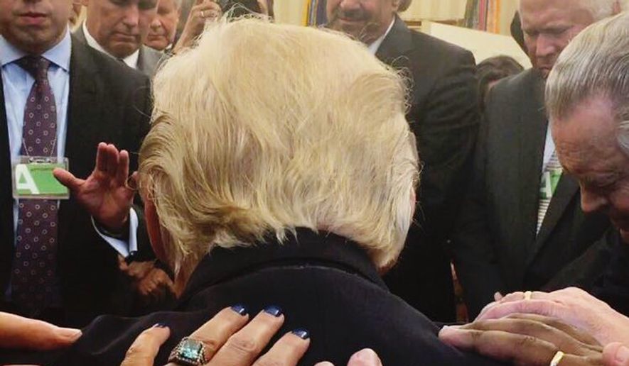Pastors praying over President Donald Trump in the Oval Office. (Image: Johnnie Moore&#39;s Twitter page/@JohnnieM)