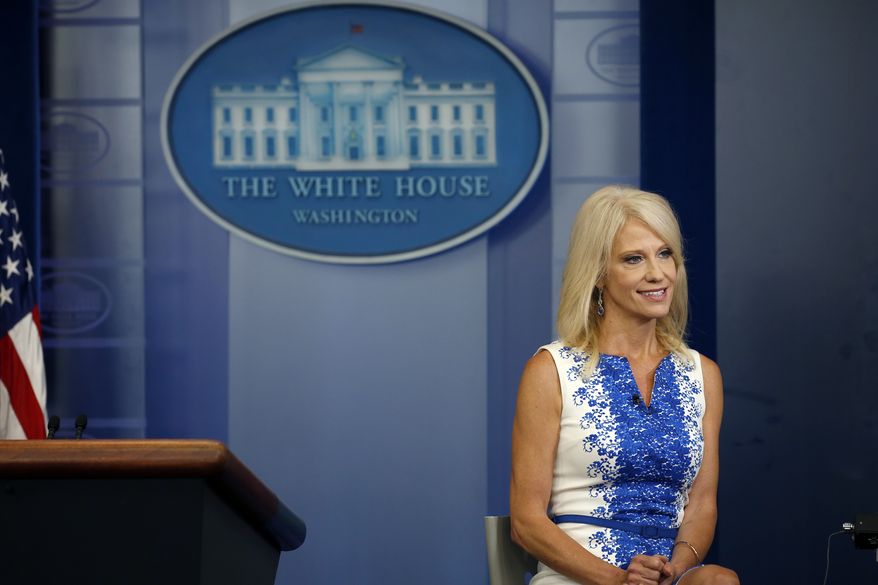Counselor to the President Kellyanne Conway speaks during a television interview in the press room of the White House, Thursday, Aug. 3, 2017, in Washington. (AP Photo/Alex Brandon)