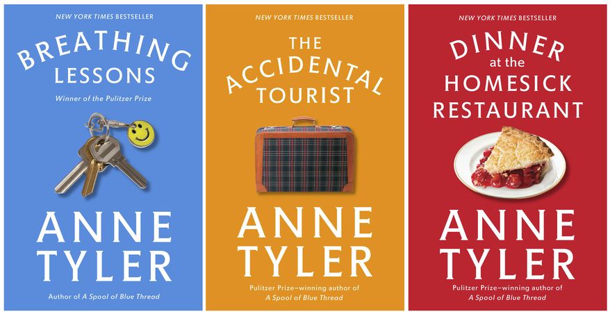 This combination photo of cover images released by Vintage Books shows, from left, "Breathing Lessons, "The Accidental Tourist" and "Dinner at the Homesick Restaurant," all by Anne Tyler. Paperback editions of Tyler's novels are being issued over the next several months. (Vintage Books via AP)