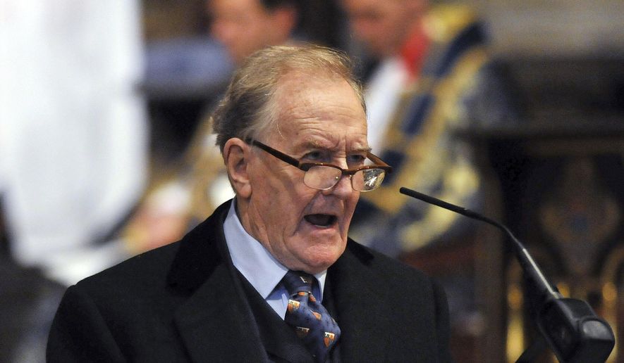 An Oct. 29, 2015, file photo of Robert Hardy, star of "All Creatures Great and Small" and the "Harry Potter" films, speaking in London. The veteran British stage and screen actor who played Minister for Magic Cornelius Fudge in the "Harry Potter" movies, has died at 91. His family says Hardy died Thursday, Aug. 3, 2017. Born in 1925, Hardy began his career in Shakespearean roles onstage in Stratford-upon-Avon in the years after World War II. (Nick Ansell/PA File via AP)