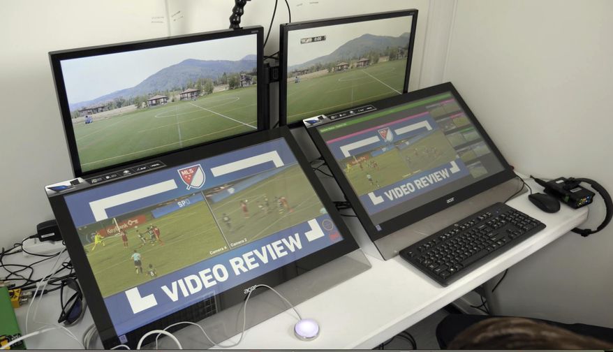 In this July 11, 2017, still image from video, video review screens are shown before a video replay scrimmage, in Park City, Utah. Games were staged as part of the final training camp to gauge MLS referees' competence in and comfort with video replay. (AP Photo/Rick Bowmer)