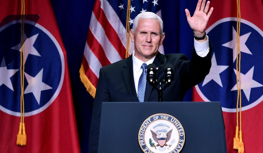 Vice President Mike Pence waves to the crowd during the Tennessee Republican Party's Statesmen's Dinner at Music City Center in Nashville, Tenn., Thursday, Aug. 3, 2017. (Andrew Nelles/The Tennessean via AP)