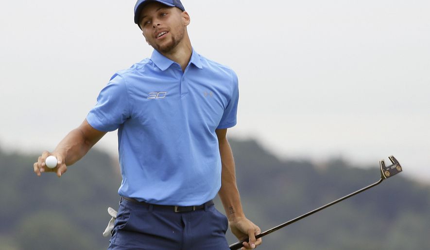 Golden State Warriors NBA basketball player Stephen Curry reacts after making a putt to save par on the 18th green during the Web.com Tour's Ellie Mae Classic golf tournament Thursday, Aug. 3, 2017, in Hayward, Calif. (AP Photo/Eric Risberg)