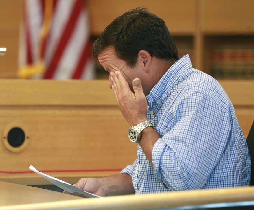 Conrad Roy, Jr. testifies about the loss of his son during his victim impact statement before Michelle Carter's sentencing for involuntary manslaughter for encouraging 18-year-old Conrad Roy III to kill himself in July 2014, Thursday, Aug. 3, 2017 in Taunton, Mass. Carter was sentenced Thursday to 15 months in jail for involuntary manslaughter. (Matt West/The Boston Herald via AP, Pool)