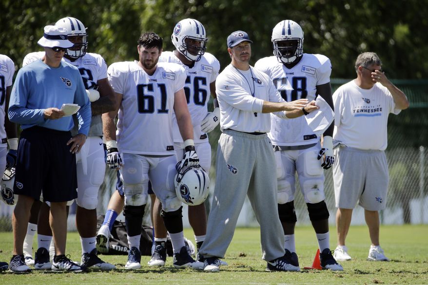FILE - In this Sunday, Aug. 2, 2015 file photo, Tennessee Titans offensive line coach Bob Bostad, third from right, signals to his players during NFL football training camp in Nashville, Tenn. Bostad, a coaching lifer, returned to Wisconsin this year, but to a different side of the ball. He is the new inside linebackers coach after spending the past 27 years at various stops on the offensive side of the ball. (AP Photo/Mark Humphrey, File)