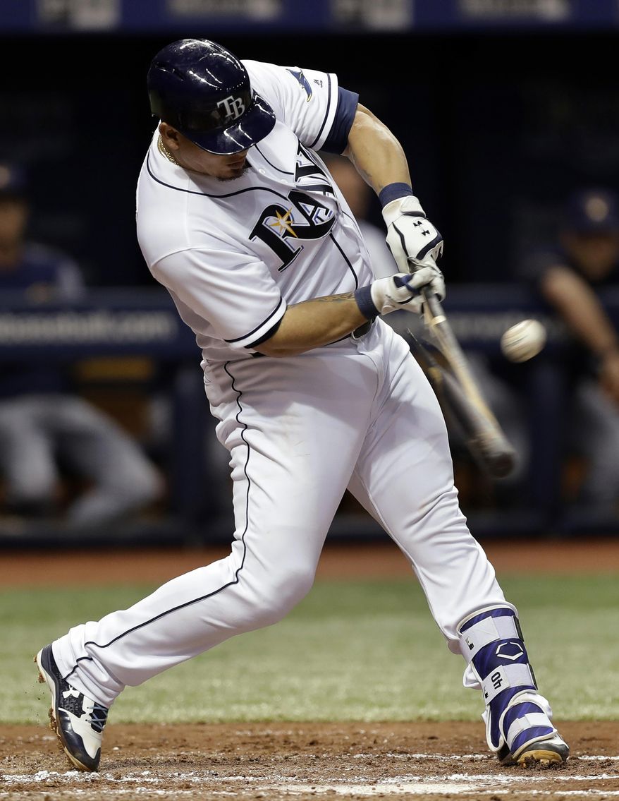Tampa Bay Rays&#39; Wilson Ramos breaks his bat as he flies out to Milwaukee Brewers center fielder Keon Broxton during the third inning of a baseball game Friday, Aug. 4, 2017, in St. Petersburg, Fla. (AP Photo/Chris O&#39;Meara)