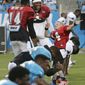Carolina Panthers&#39; Cam Newton (1) and Joe Webb (14) dance with Domanic &amp;quot;Dom&amp;quot; Fuller, right, during practice at the NFL football team&#39;s Fan Fest in Charlotte, N.C., Friday, Aug. 4, 2017. Fuller was signed to a one-day contract with the team through Make-A-Wish. (AP Photo/Chuck Burton)