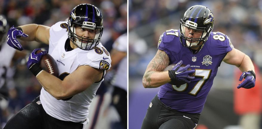 FILE - At left, in a Dec. 12, 2016, file photo, Baltimore Ravens tight end Nick Boyle runs against the New England Patriots during an NFL football game at Gillette Stadium in Foxborough, Mass. At right, in a Nov. 22, 2015, file photo, Baltimore Ravens tight end Maxx Williams (87) carries the ball during the first half of an NFL football game against the St. Louis Rams, in Baltimore. The Ravens&#x27; depleted tight end corps now has only three players competing for playing time: 14-year veteran Benjamin Watson and third-year pros Nick Boyle and Maxx Williams. (AP Photo/File)