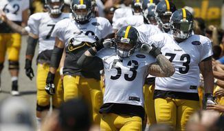 In this photo taken Sunday, July 30, 2017, Pittsburgh Steelers center Maurkice Pouncey (53) leads Ramon Foster (73), Alejandro Villanueva, (78) and the other offensive linemen past the fans to the practice fields at NFL football training camp in Latrobe, Pa. Even with their star-laden wide receiver group, the All-Pro running back and the franchise quarterback, the Steelers believe their high-powered offense will only go as far as their rock-solid offensive line can take them. (AP Photo/Keith Srakocic)