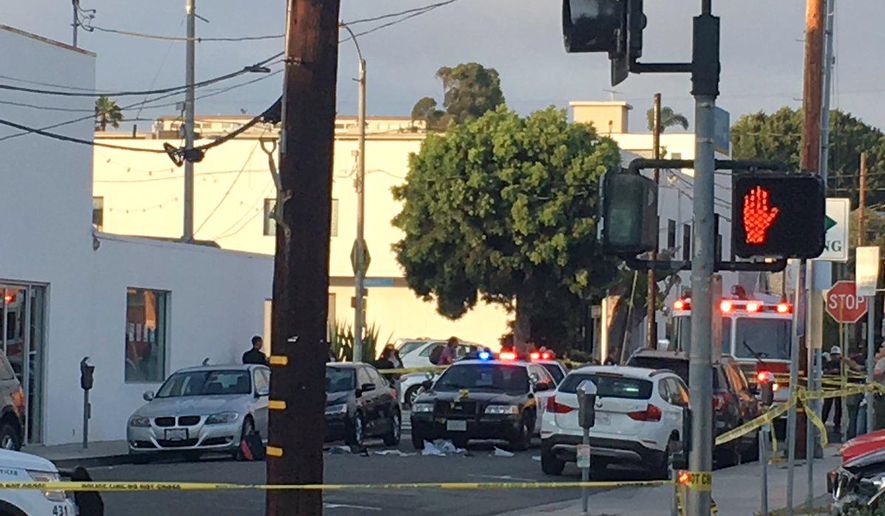 Police work the scene of a shooting near Hotchkiss Park, in Santa Monica, Calif., Friday, Aug. 4, 2017. Authorities said a homicide suspect was shot and wounded by police in downtown Santa Monica. Santa Monica Police said on Twitter the suspect pulled a gun on officers and was shot. No officers were injured and police said the suspect was hospitalized. (@almost_blu via AP)