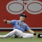 Tampa Bay Rays left fielder Corey Dickerson makes a sliding catch on a fly ball hit by Milwaukee Brewers&#39; Eric Thames during the fourth inning of an interleague baseball game, Sunday, Aug. 6, 2017, in St. Petersburg, Fla. (AP Photo/Chris O&#39;Meara)