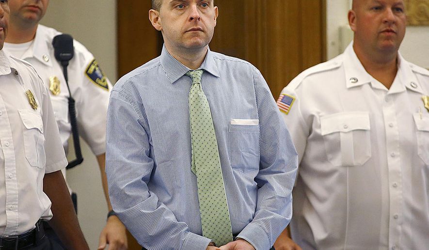 In this July 21, 2015 photo, officers lead Radoslaw Czerkawski into court for sentencing in Dedham, Mass., after he was convicted of larceny. Czerkawski, who is charged with abusing a dog so severely it had to be euthanized, faces multiple animal cruelty charges in the trial scheduled to start Tuesday, Aug. 8, 2017, in Massachusetts. (Greg Derr/The Quincy Patriot Ledger via AP)