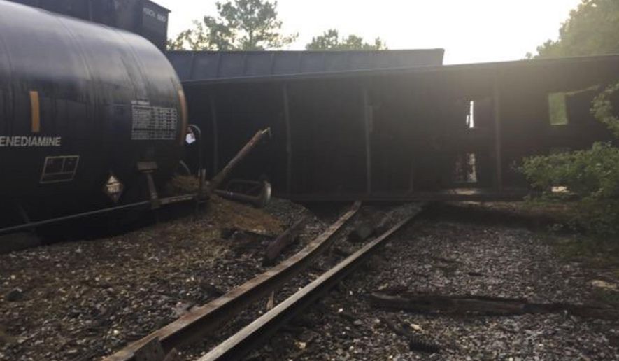 In this Saturday, Aug. 5, 2017 photo provided by Lugoff Fire/Rescue, derailed freight cars sit near Lugoff northeast of Columbia, S.C. The derailment damaged the track, delaying a nearby passenger train. (Lugoff Fire/Rescue via AP)